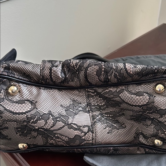 Valentino Garavani Black Leather Satchel with Lace Overlay - Picture 9 of 12